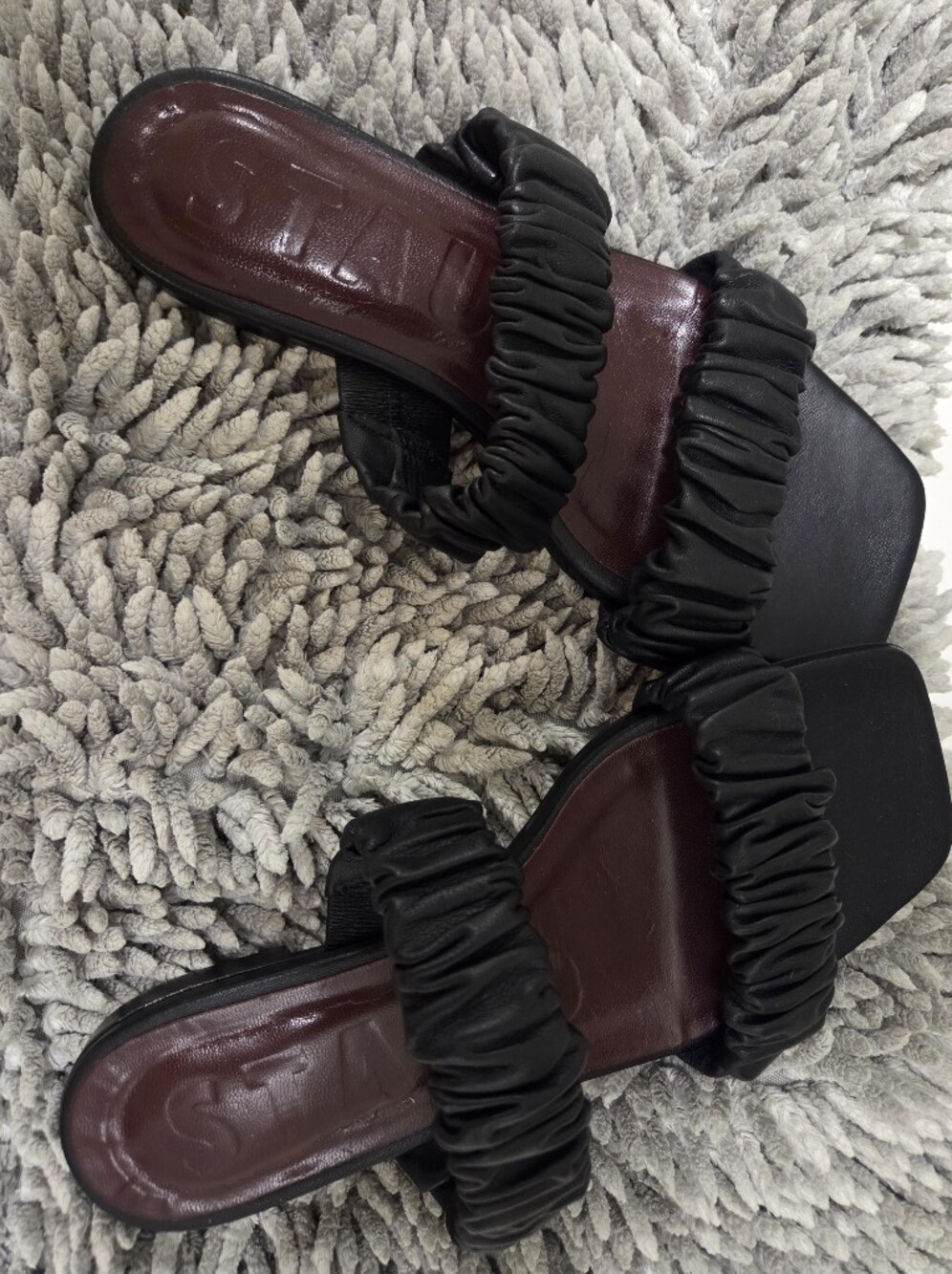 STAUD Black Ruched Strap Slide Sandals with Burgundy Insole